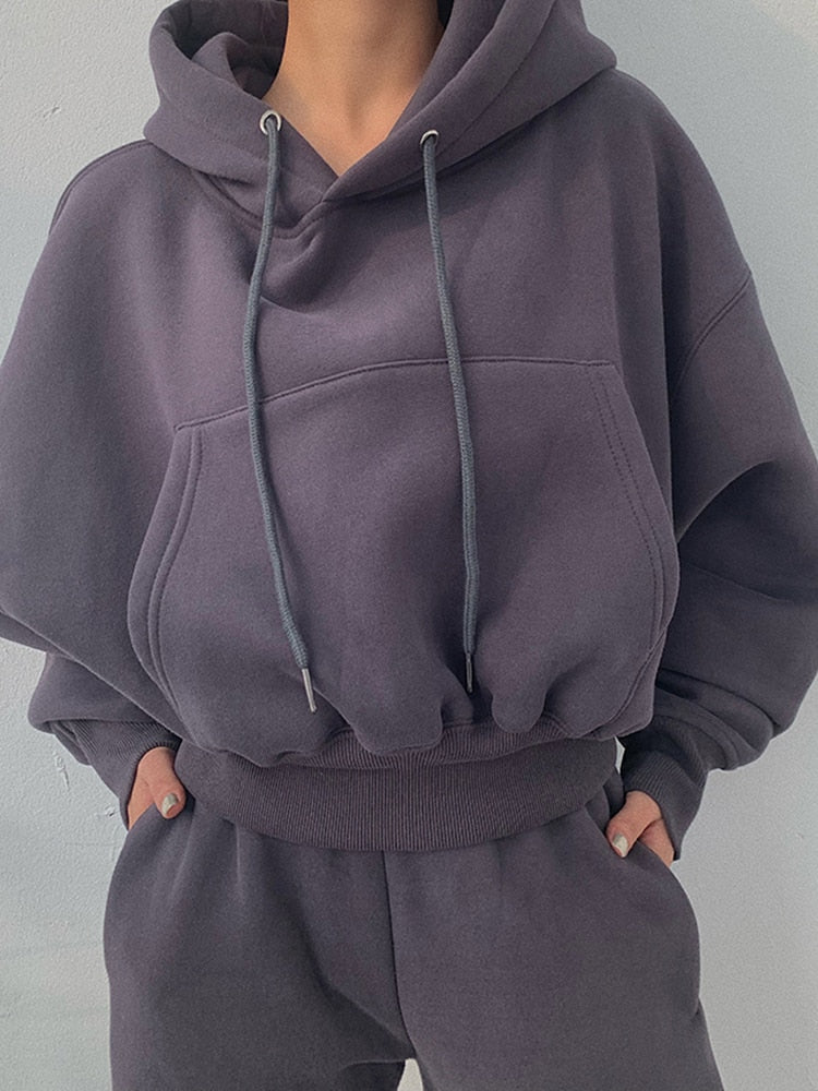 Hoodie Solid Casual Fleece Tracksuit (2 Pieces Set)