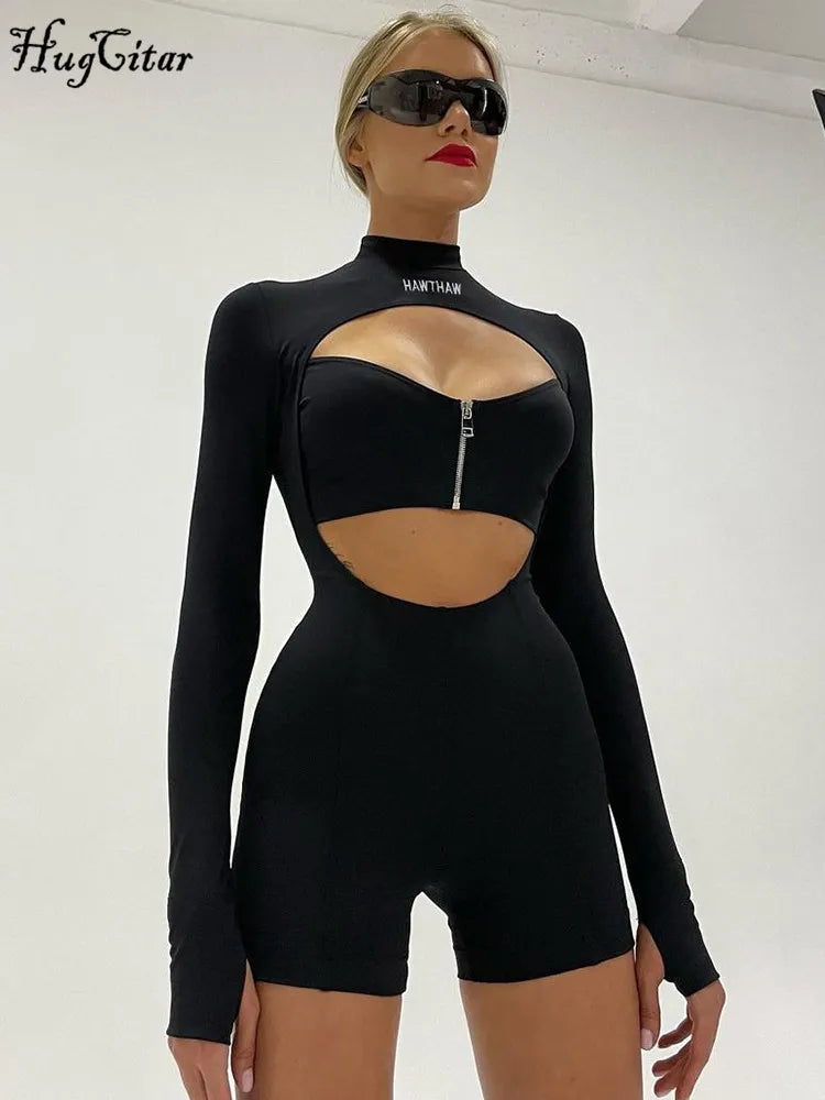 Hugcitar Turtleneck Long Sleeve Zip Up Hollow Out Fitness One Piece