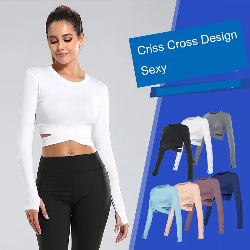Aiithuug Midriff Long Sleeve Sports Fitness Crop Top