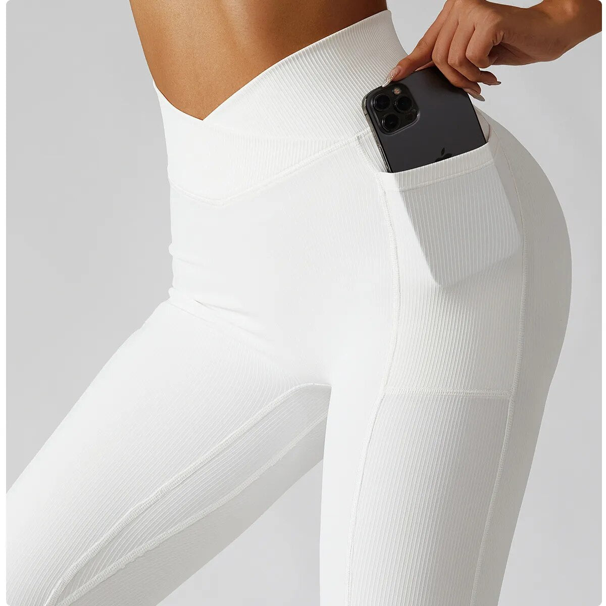 Solid Color Ribbed Fitness Leggings With Pockets & Crossover High Waist