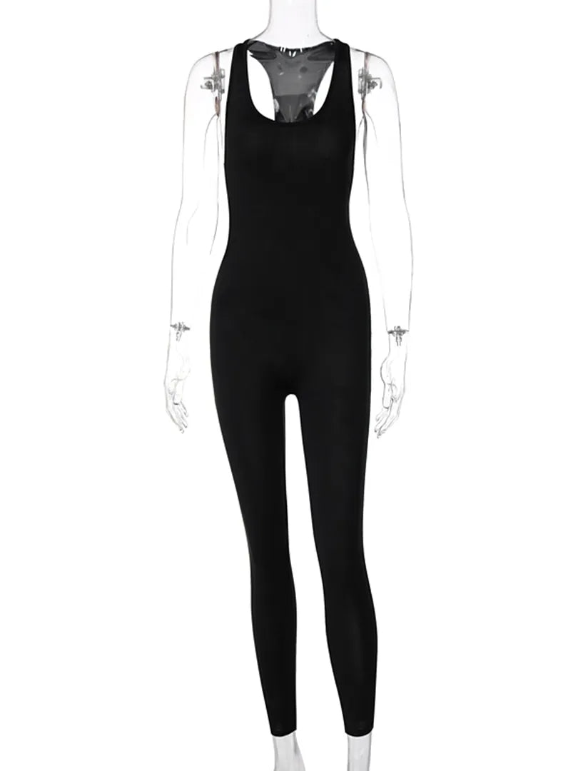Hugcitar 2023 Sleeveless Hollow Out Solid Bodycon Jumpsuit