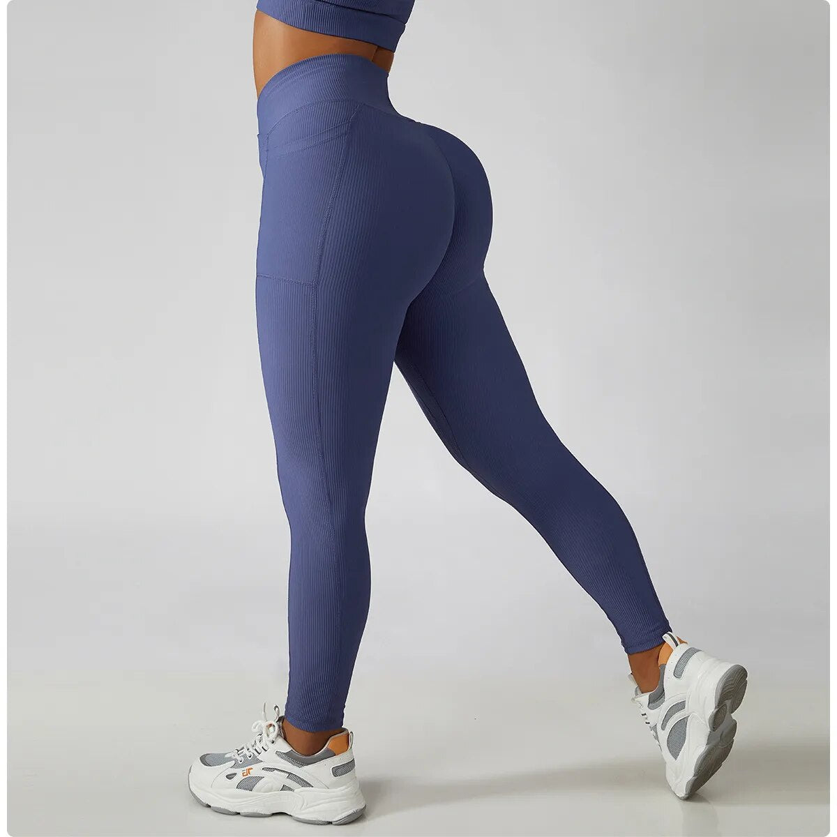Solid Color Ribbed Fitness Leggings With Pockets & Crossover High Waist