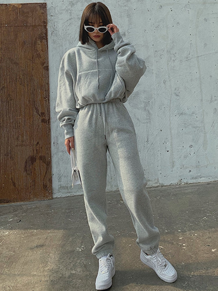Hoodie Solid Casual Fleece Tracksuit (2 Pieces Set)