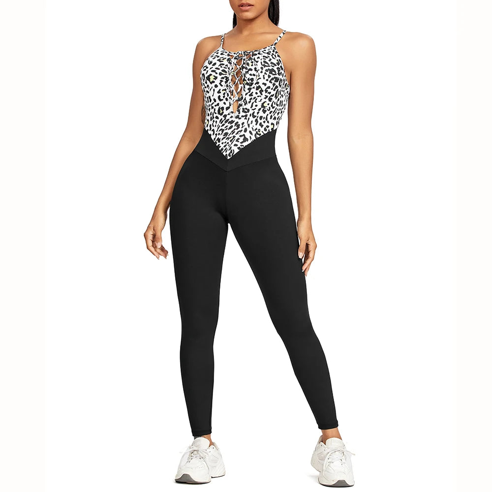 Fitness Patchwork Leopard Catsuit Bodycon Romper
