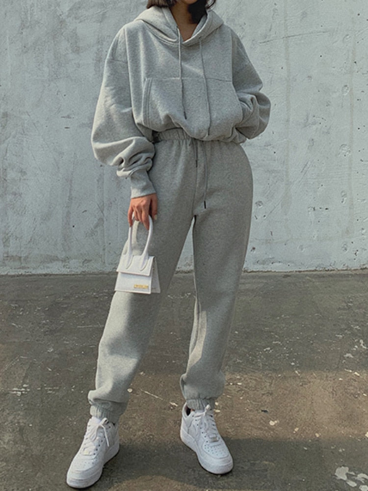 Hoodie Solid Casual Fleece Tracksuit (2 Pieces Set)
