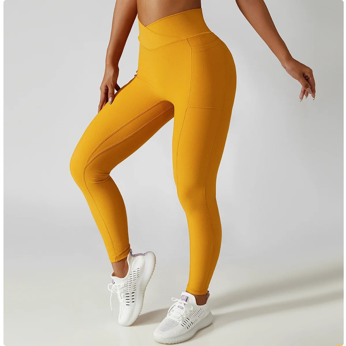 Solid Color Ribbed Fitness Leggings With Pockets & Crossover High Waist