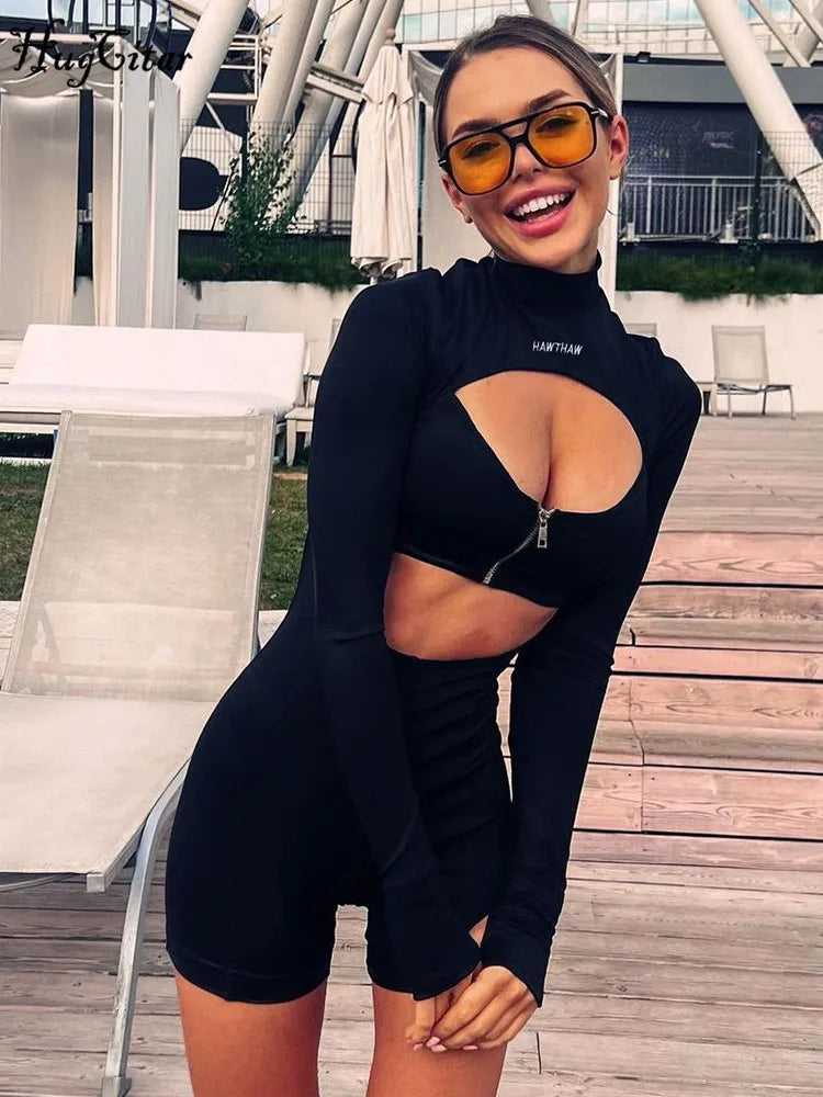 Hugcitar Turtleneck Long Sleeve Zip Up Hollow Out Fitness One Piece