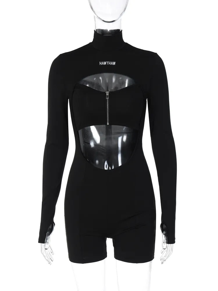 Hugcitar Turtleneck Long Sleeve Zip Up Hollow Out Fitness One Piece