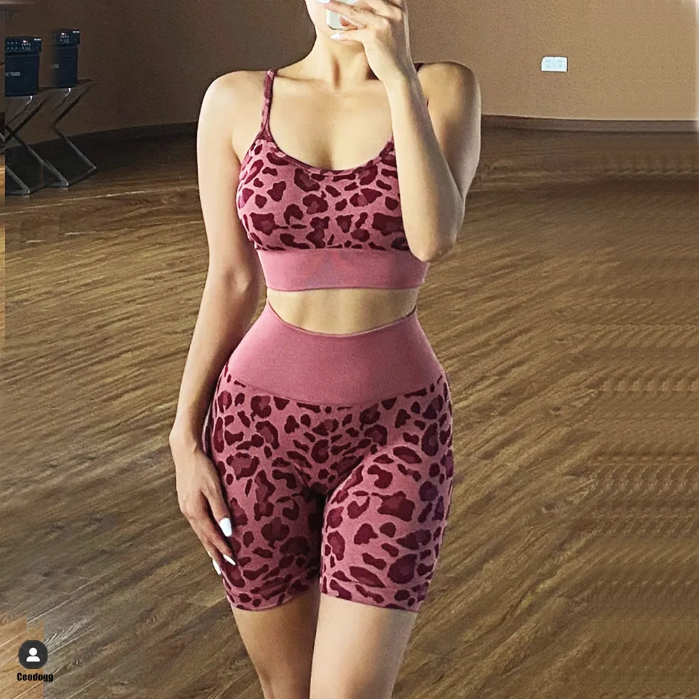 2023 Leopard Printed 2 PCS Yoga Gym Set W/ Shockproof Sports Bras