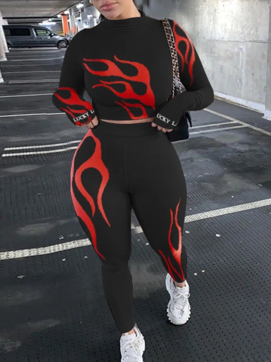 LW Plus Size Winter Women Fitness 2 Two Piece Set With Long Sleeve Crop Top