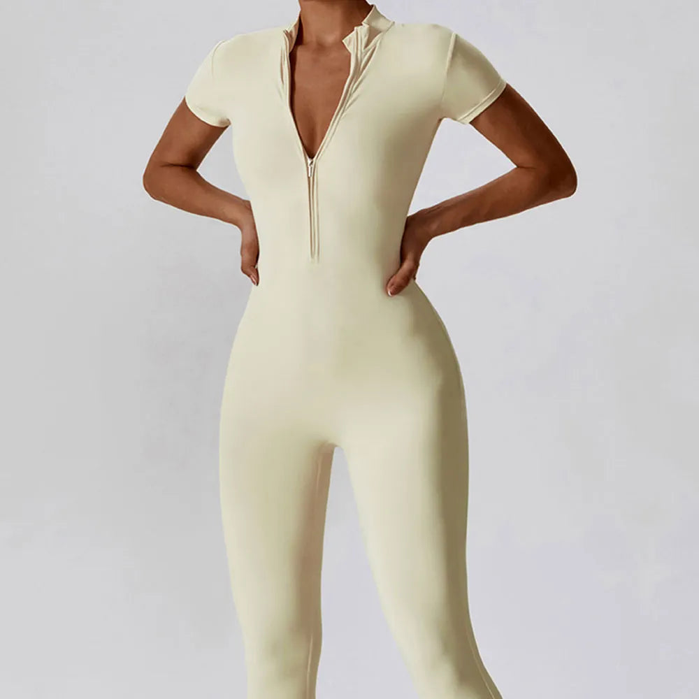 Jumpsuit Fitness One-Piece Suit Zipper With Short Sleeve