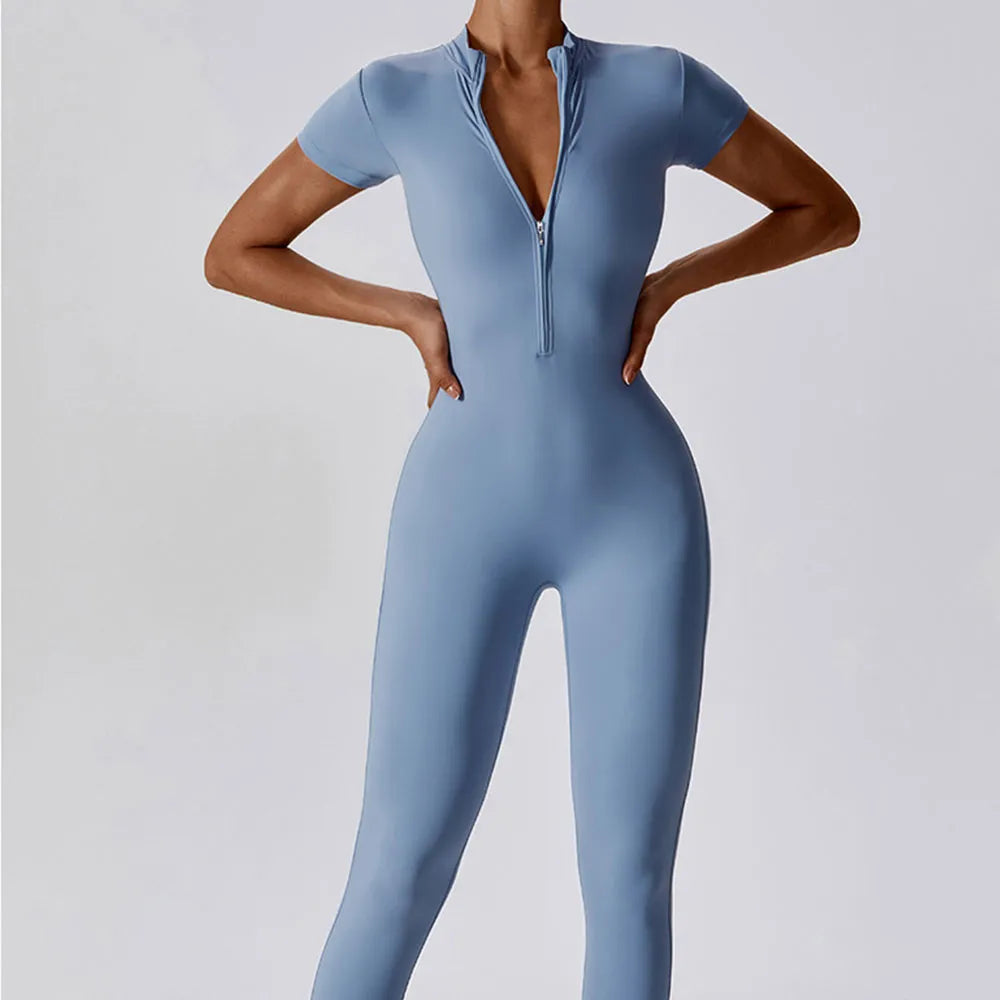 Jumpsuit Fitness One-Piece Suit Zipper With Short Sleeve