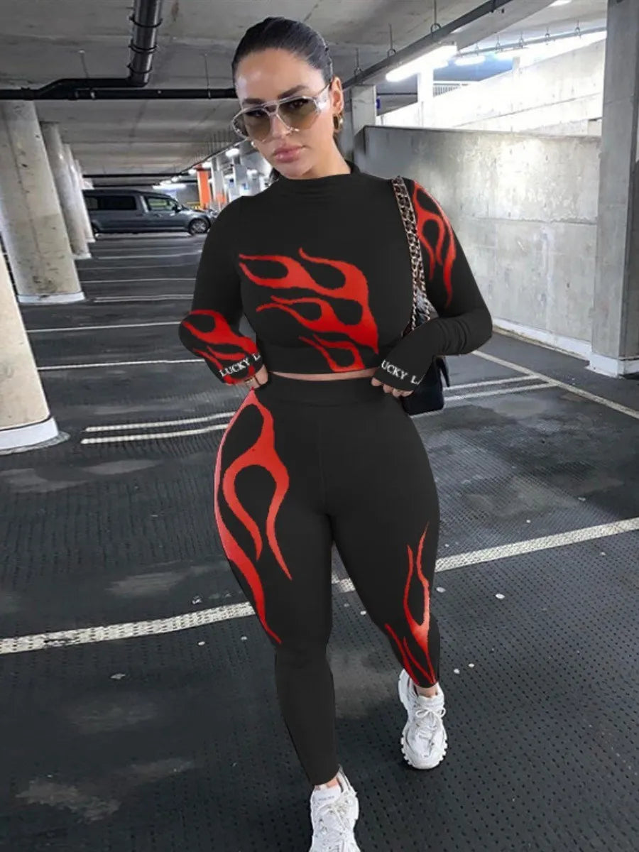 LW Plus Size Winter Women Fitness 2 Two Piece Set With Long Sleeve Crop Top