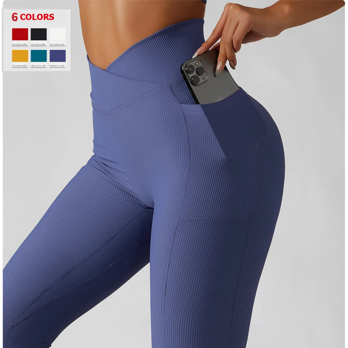 Solid Color Ribbed Fitness Leggings With Pockets & Crossover High Waist