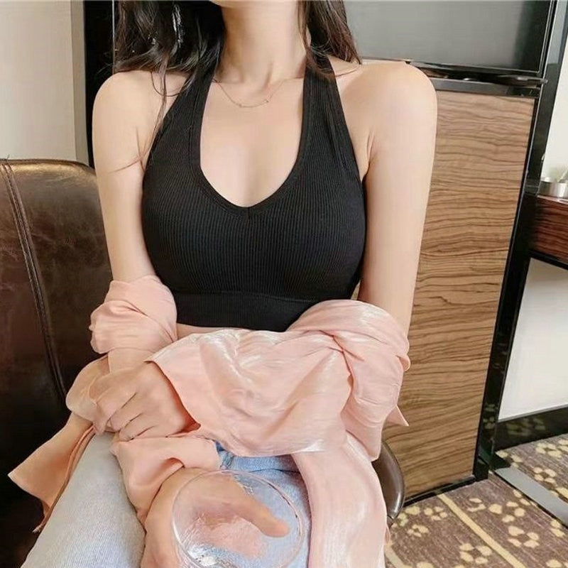Sujetador deportivo sin aros con cuello halter y espalda descubierta para mujer