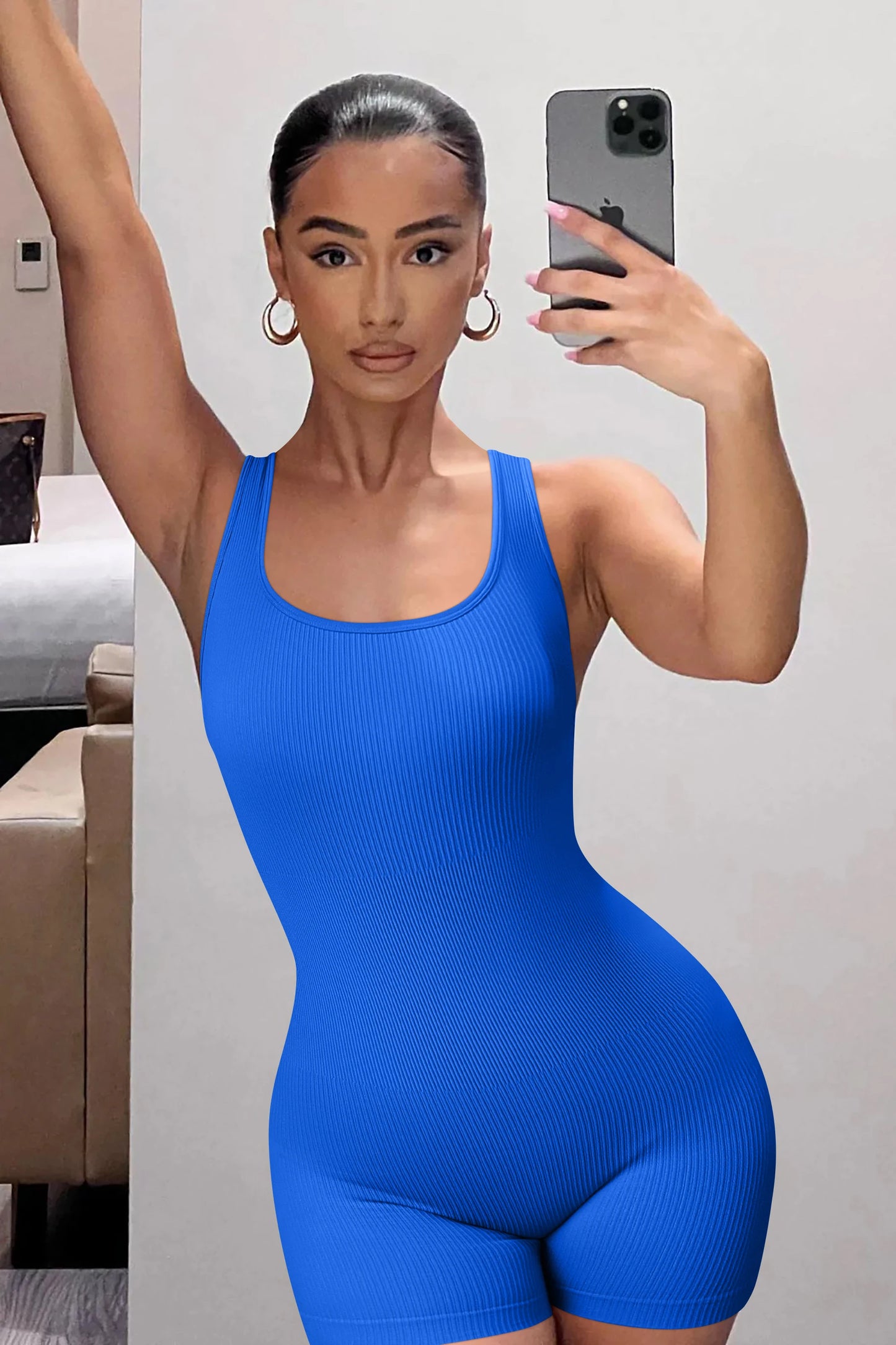 OQQ Summer Basic Solid Jumpsuit Skinny Shorts Jumpsuit
