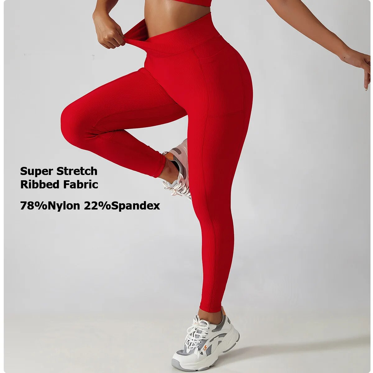 Solid Color Ribbed Fitness Leggings With Pockets & Crossover High Waist