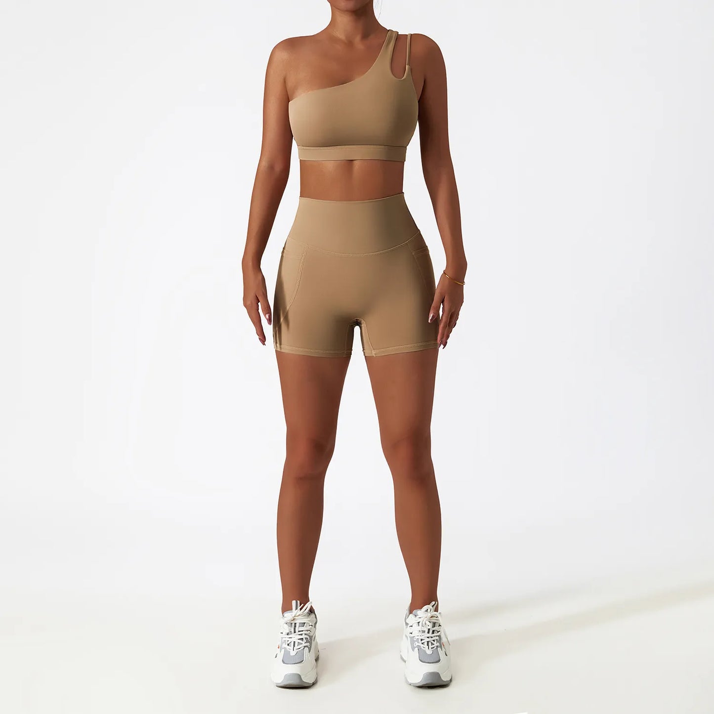 Women Seamless One Shoulder Workout Top and High Waist Bottoms