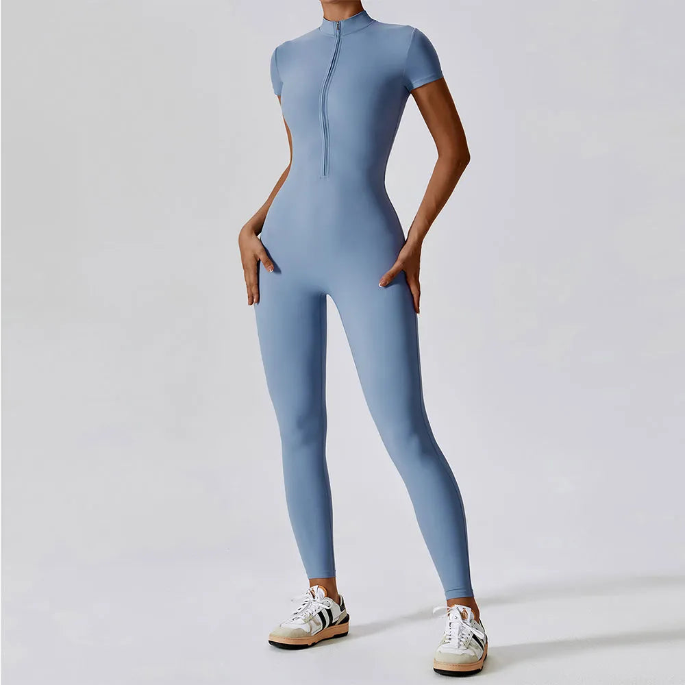 Jumpsuit Fitness One-Piece Suit Zipper With Short Sleeve
