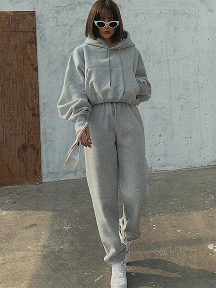 Hoodie Solid Casual Fleece Tracksuit (2 Pieces Set)
