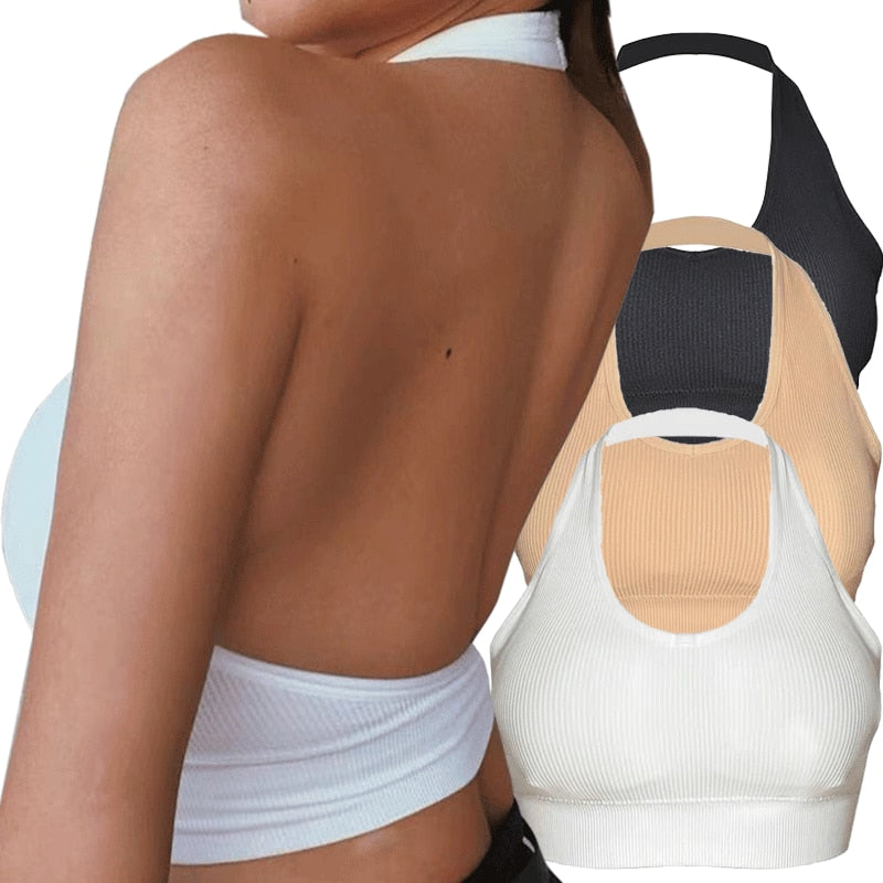 Sujetador deportivo sin aros con cuello halter y espalda descubierta para mujer