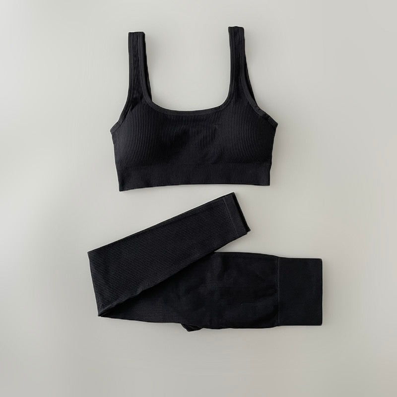 Seamless Ribbed Set High Waist Leggings And Top (Two Piece Set)