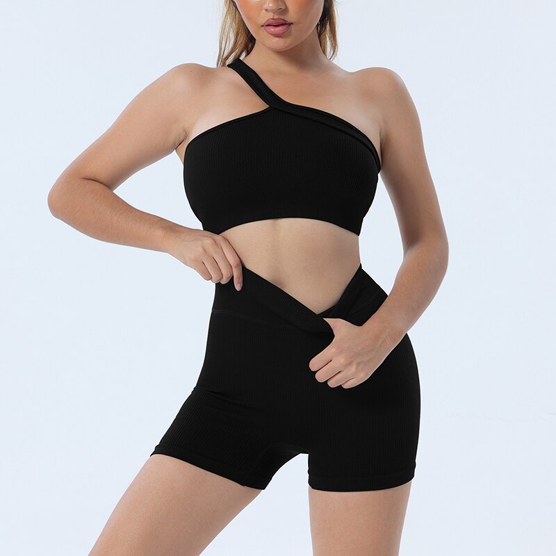 2 Piece Seamless Sexy One Shoulder Sport Bra and High Waist Shorts