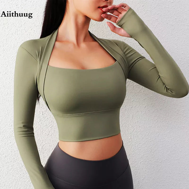 Aiithuug Padded Long Sleeve Yoga Crop Tops