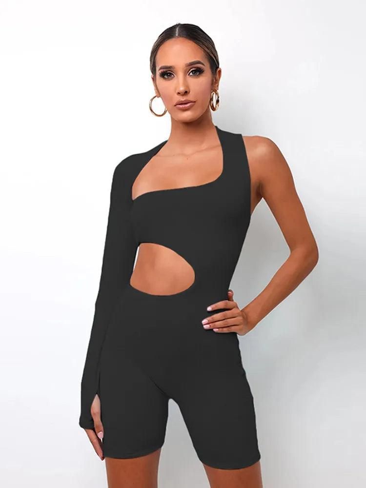 Kliou Asymmetrical Solid Rompers Long Sleeve Fitness Jumpsuit