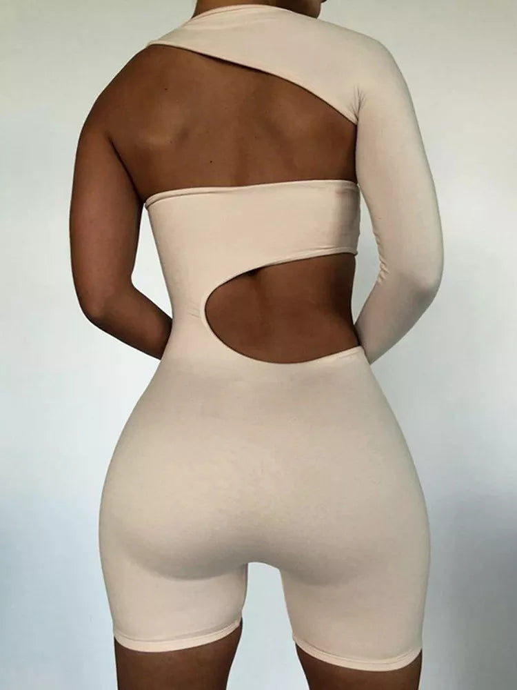 Kliou Asymmetrical Solid Rompers Long Sleeve Fitness Jumpsuit