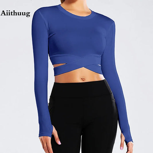 Aiithuug Midriff Long Sleeve Sports Fitness Crop Top