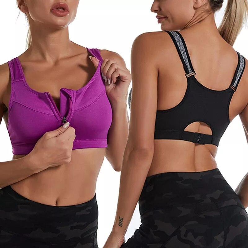 Fitness Sports Bra with Front Zipper and High Impact