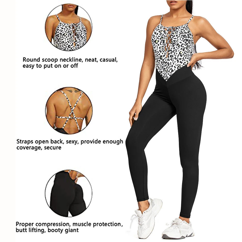 Fitness Patchwork Leopard Catsuit Bodycon Romper