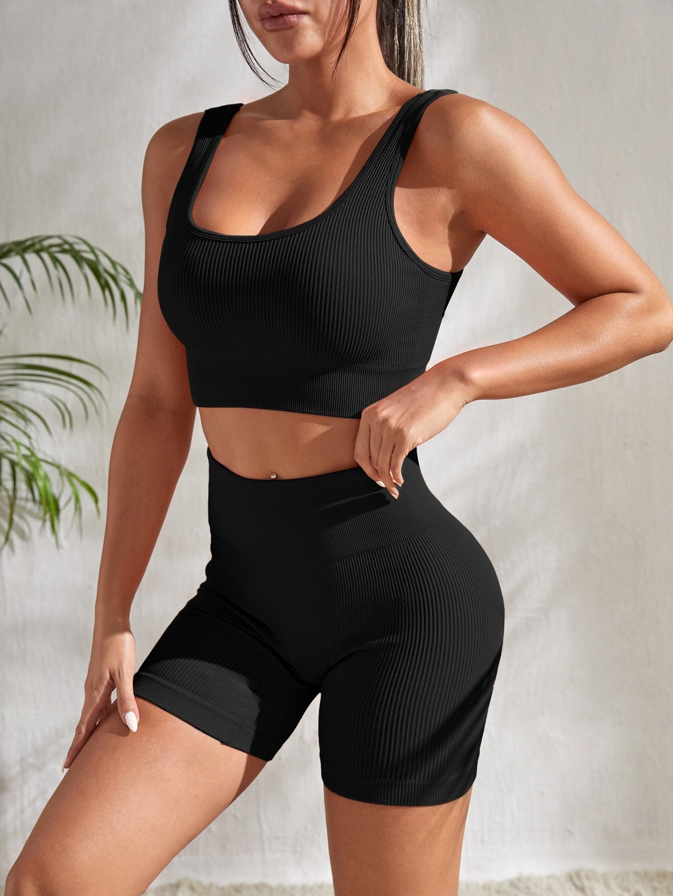 Conjunto de fitness sin costuras, pantalones cortos y top corto (juego de 2 piezas)