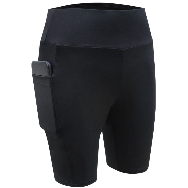 Pantalones cortos de fitness/cintura alta/estiramiento alto con bolsillo para teléfono