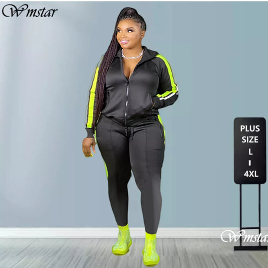 Plus Size S-4XL 2 Piece Set Women FItness Sweatsuit Jogger Outfit