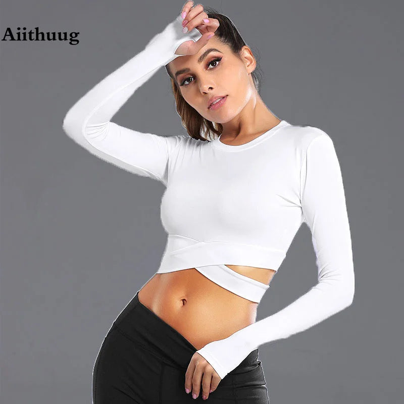 Aiithuug Midriff Long Sleeve Sports Fitness Crop Top