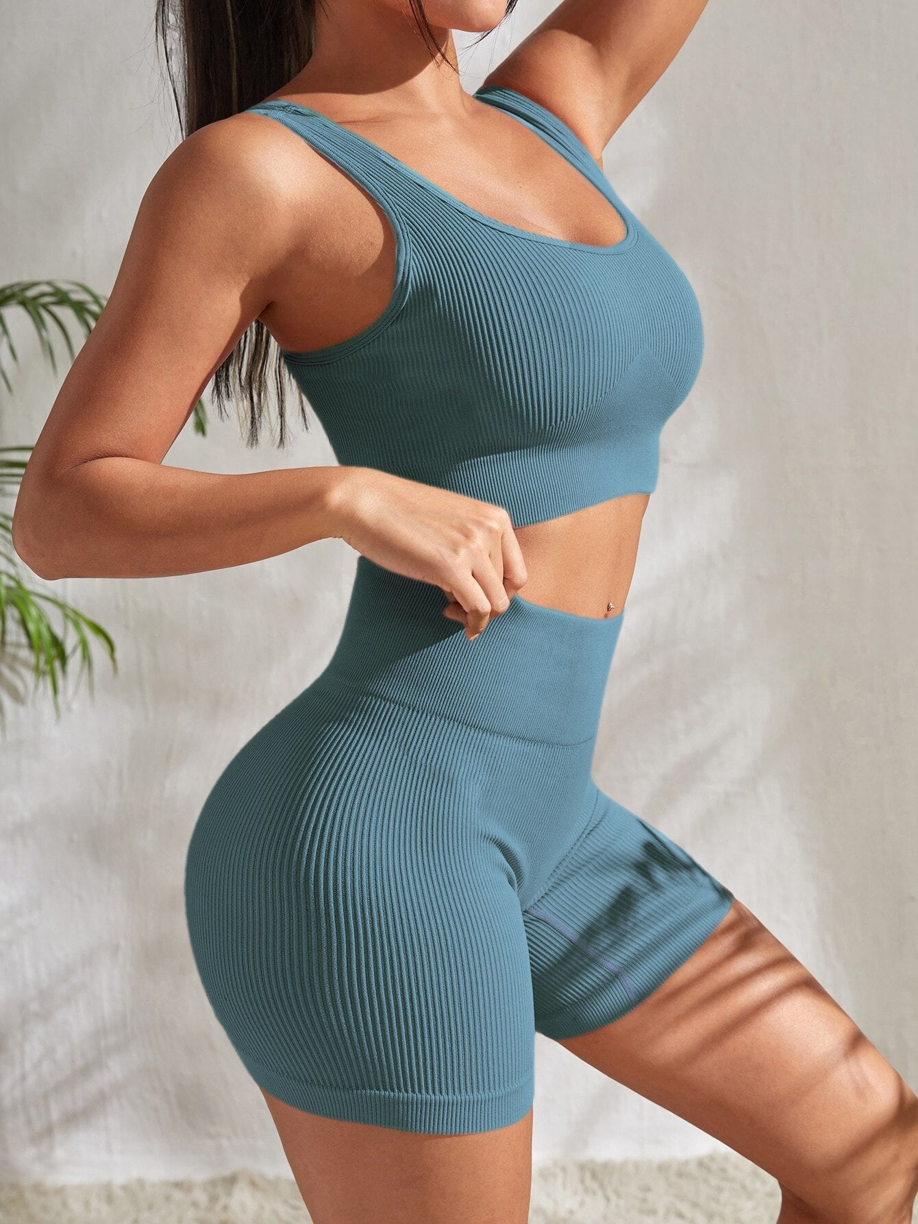 Conjunto de fitness sin costuras, pantalones cortos y top corto (juego de 2 piezas)