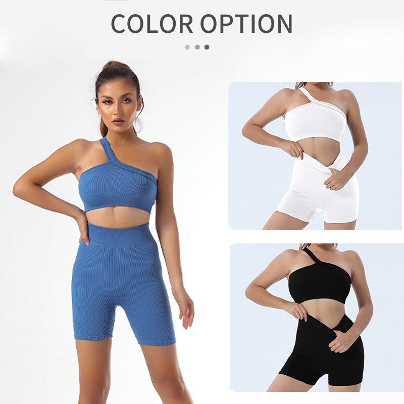 2 Piece Seamless Sexy One Shoulder Sport Bra and High Waist Shorts