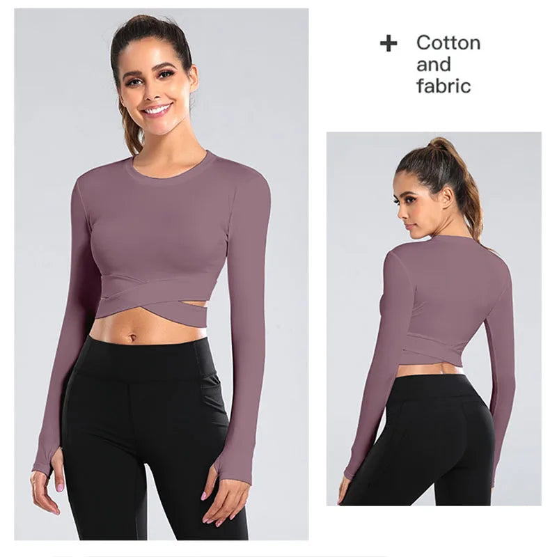 Aiithuug Midriff Long Sleeve Sports Fitness Crop Top