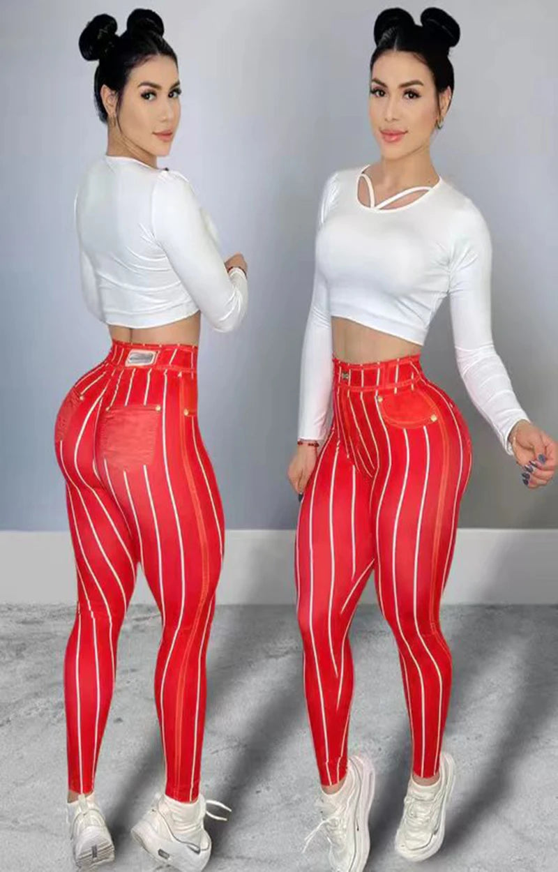 Women High Waist Sports Leggings With Stripe Print