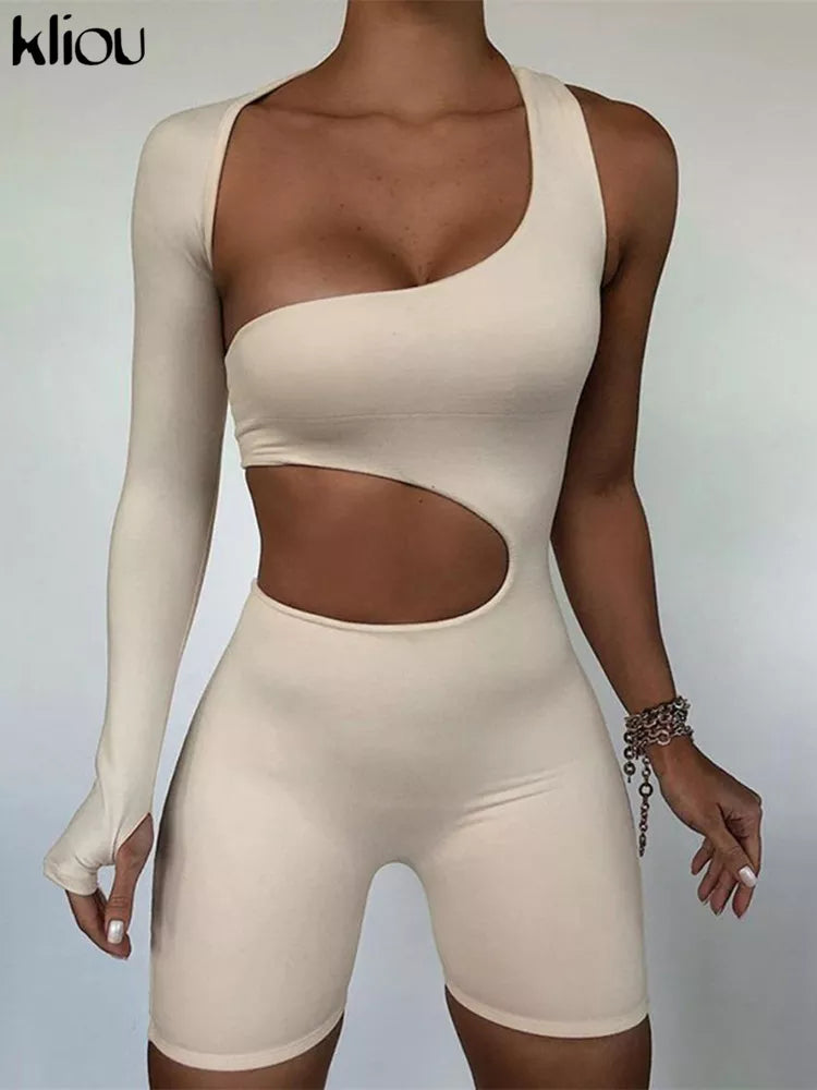 Kliou Asymmetrical Solid Rompers Long Sleeve Fitness Jumpsuit