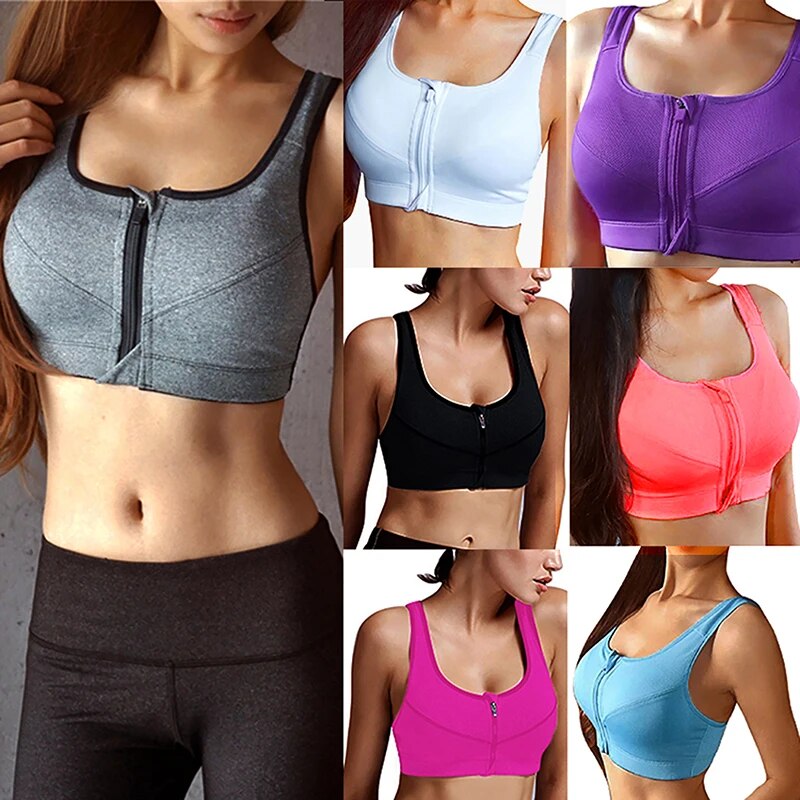 Fitness Sports Bra with Front Zipper and High Impact