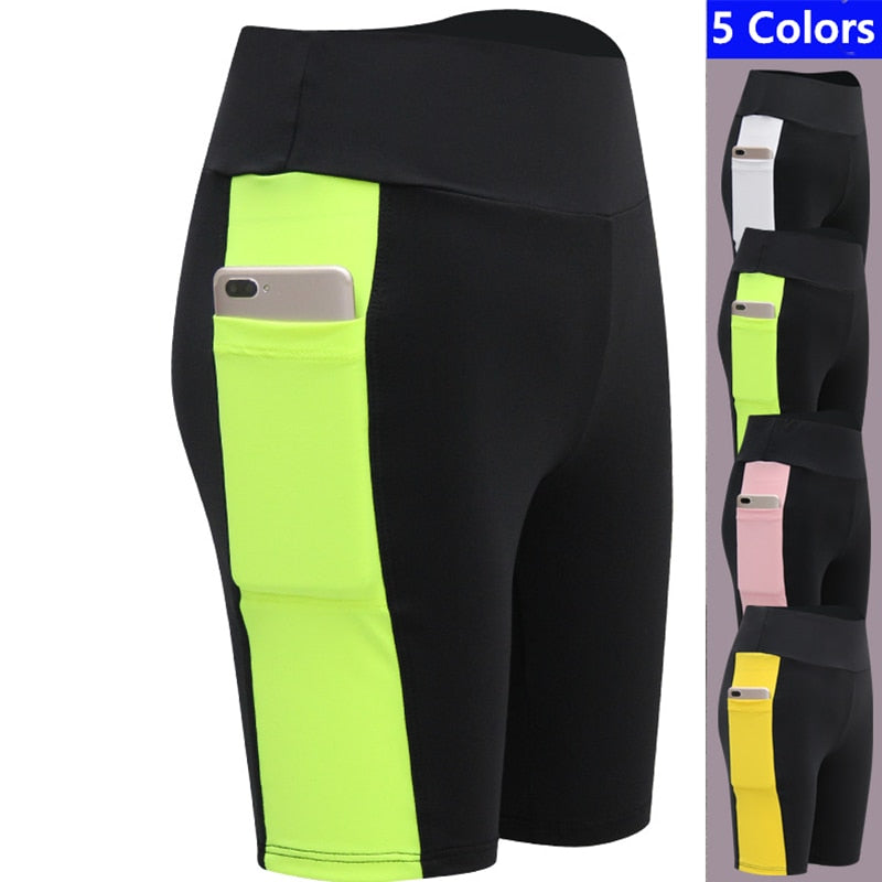 Pantalones cortos de fitness/cintura alta/estiramiento alto con bolsillo para teléfono