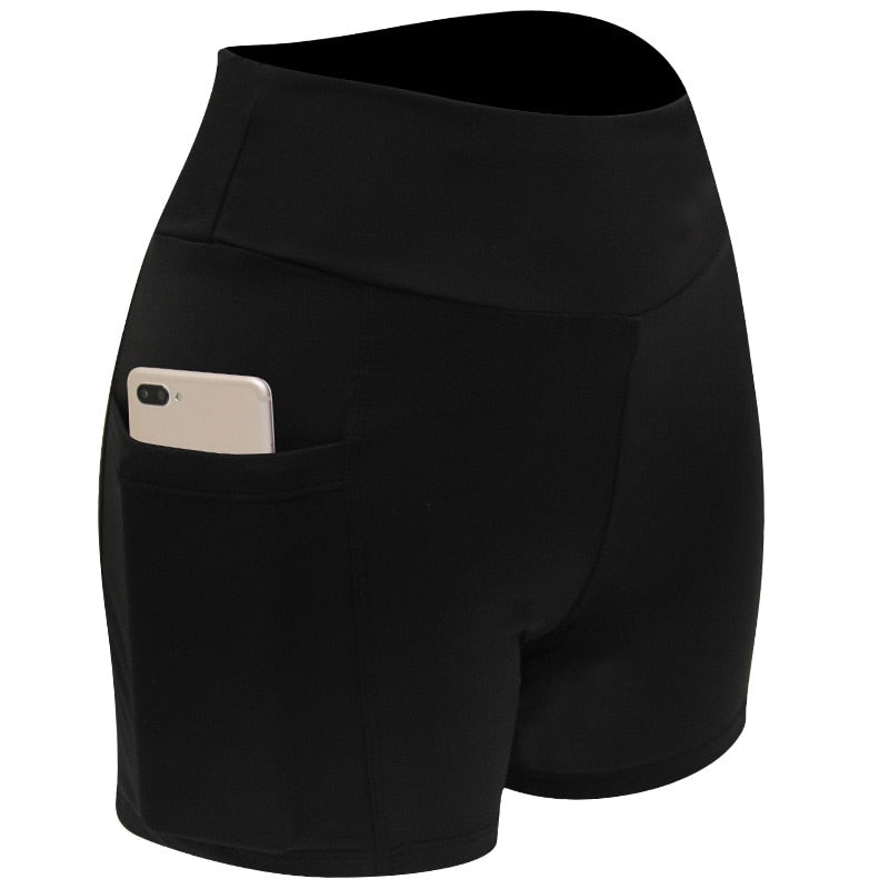 Pantalones cortos de fitness/cintura alta/estiramiento alto con bolsillo para teléfono