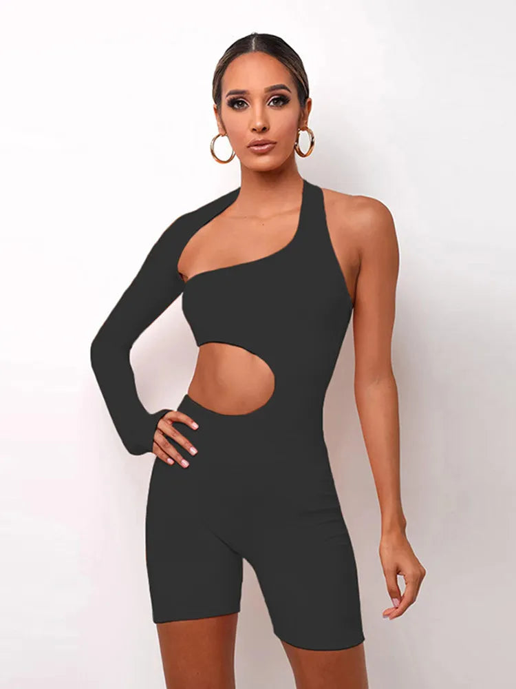 Kliou Asymmetrical Solid Rompers Long Sleeve Fitness Jumpsuit