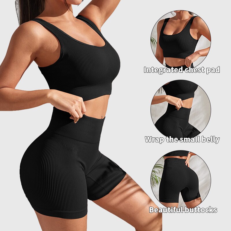 Conjunto de fitness sin costuras, pantalones cortos y top corto (juego de 2 piezas)