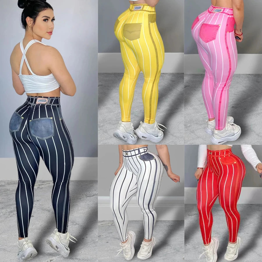 Women High Waist Sports Leggings With Stripe Print