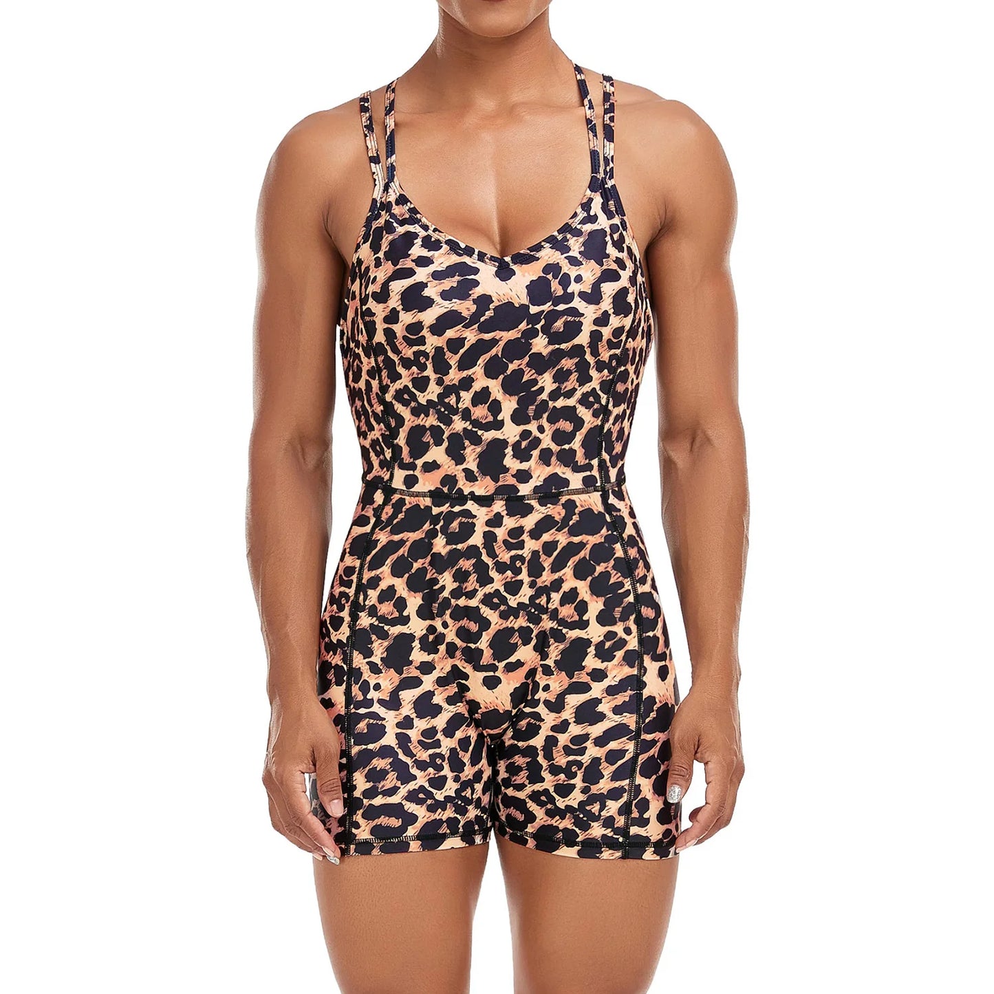 Women Backless Leopard Workout Jumpsuit