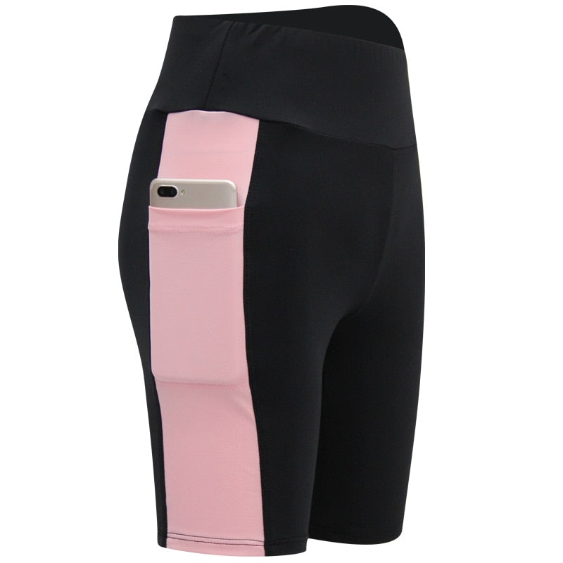 Pantalones cortos de fitness/cintura alta/estiramiento alto con bolsillo para teléfono